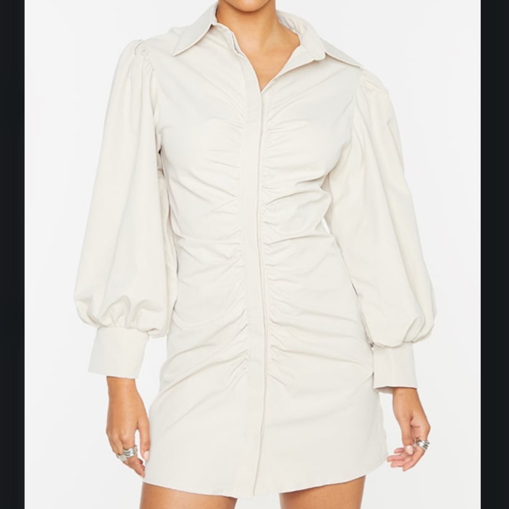 Brand New PrettyLittleThing Stone Woven Ruched Puff Sleeve Shirt Dress